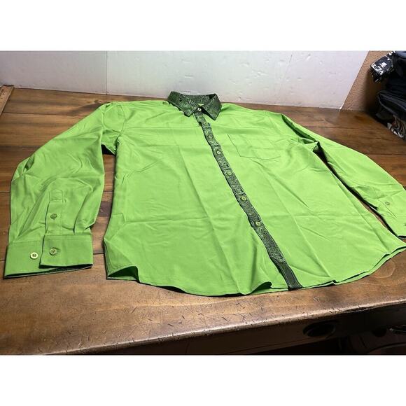 Barry Wang Green Paisley Long Sleeve Mens Shirt Button Party Business Shirt - Picture 5 of 9